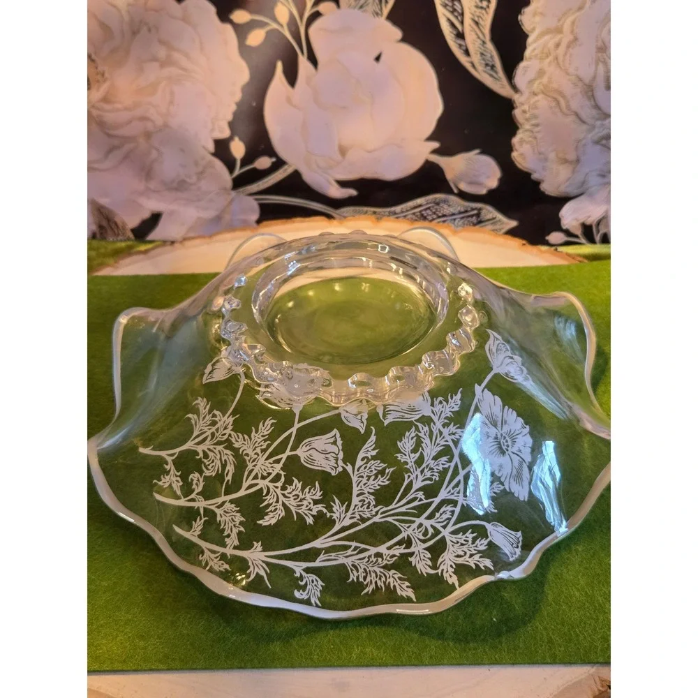 Vintage‎ Silver Overlay Clear Glass Ruffled Floral Poppy Bowl Scalloped Rim